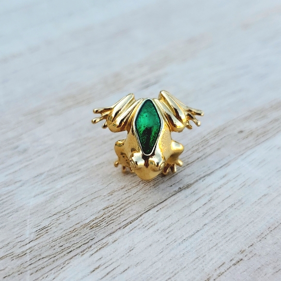 Green enamel goldtone Frog pinback tac for lapels shirt collar accent hat scarf - Picture 3 of 5